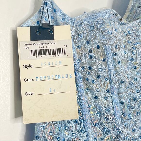 Mac Duggal 48910 One Shoulder Lace Corset Mermaid Dress, Powder Blue, Size 14 - Picture 8 of 12